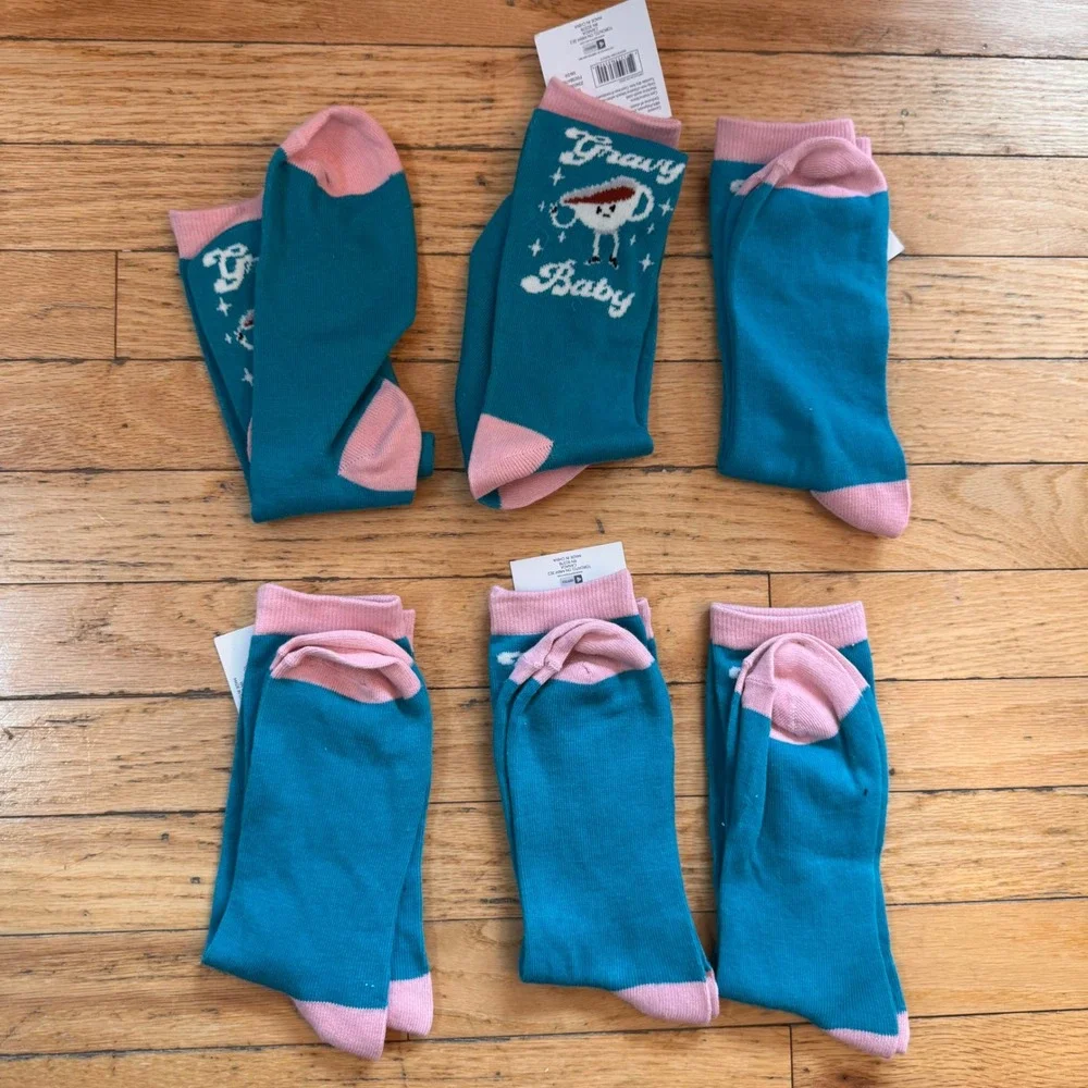 6 Pack Gravy Baby Crew Socks Teal Pink Food Pun Novelty Adult Shoe Size 6-12 NEW